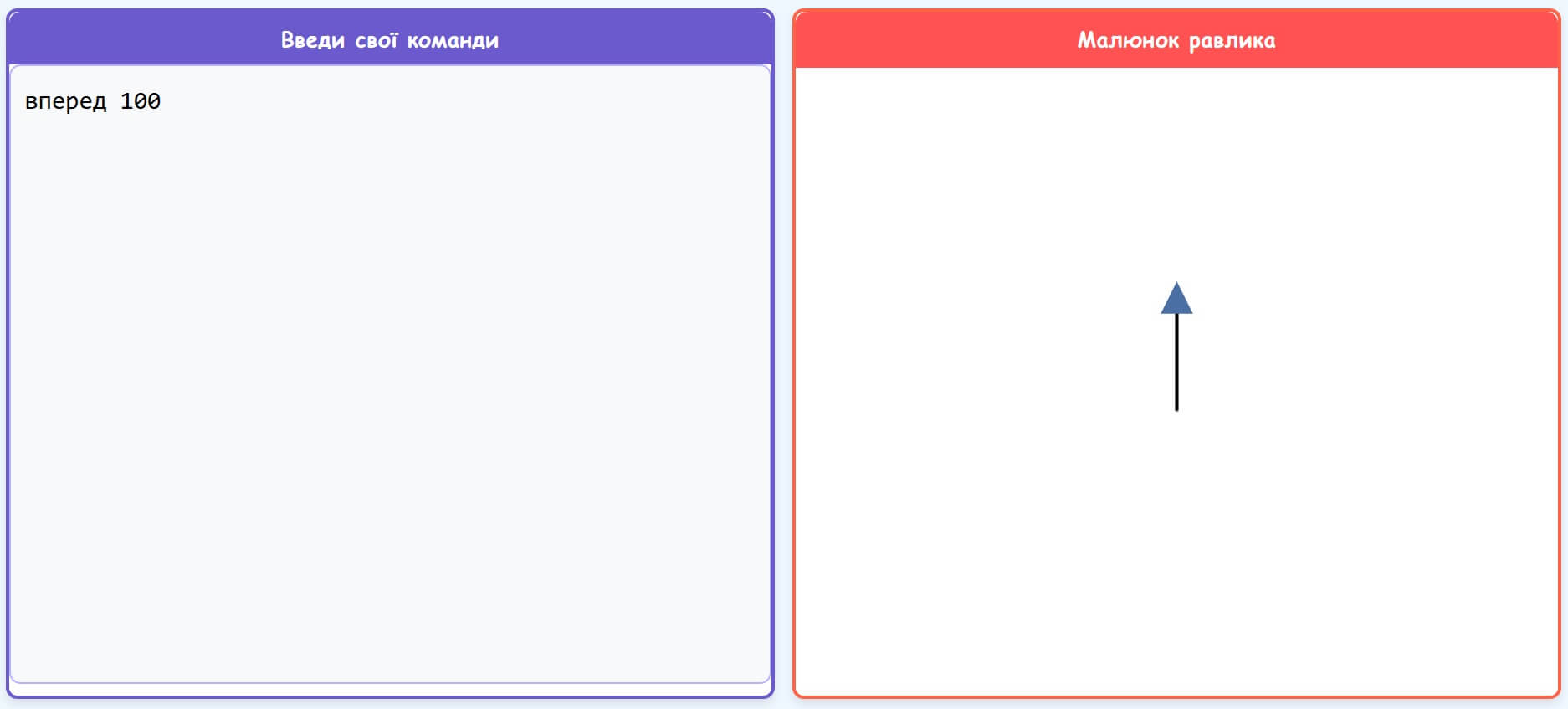 Результат команди 'вперед 100' — пряма вертикальна лінія вгору на полотні